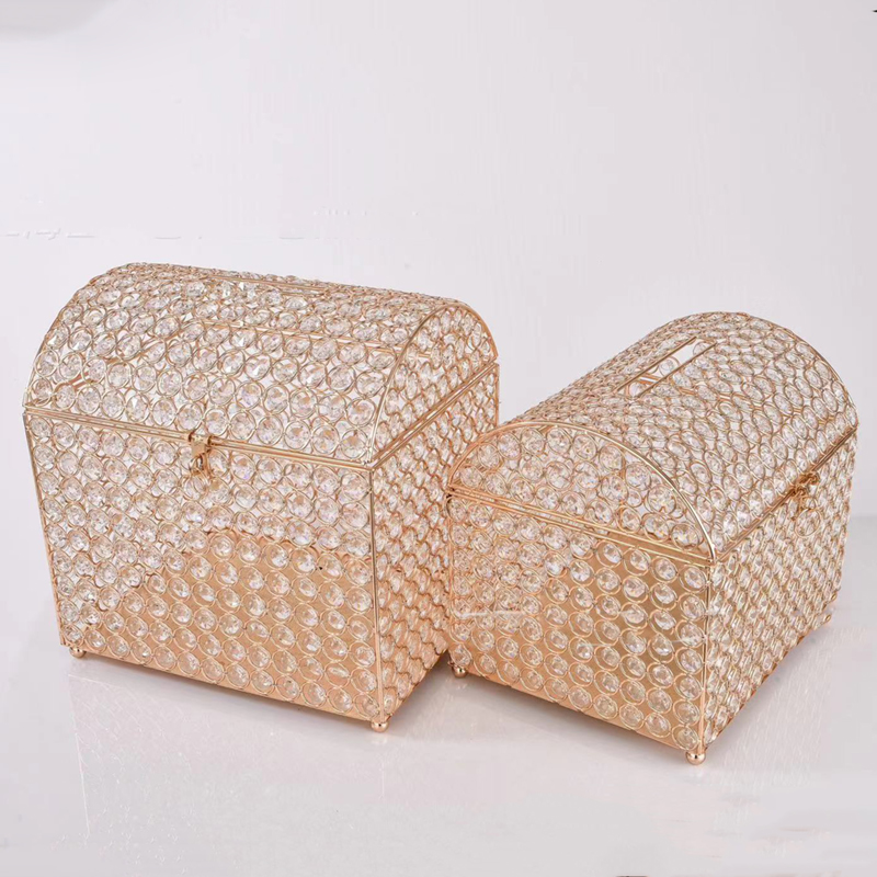Wedding Card Box - ウェディングカードボックス、ゴールドクリスタル、宝箱風、ラインストーン装飾、ギフトボックス、結婚披露宴、パーティー、テーブル装飾、センターピース